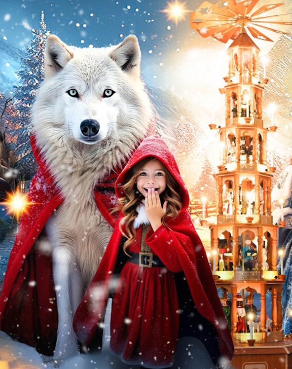 Girl in red cloak with white wolf and festive tower, Tokyo winter attraction.