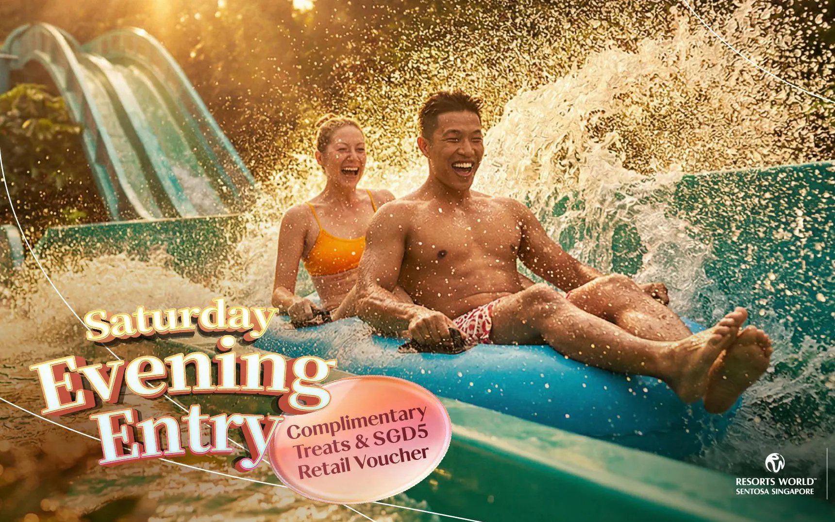 Couple enjoying water slide at Resorts World Sentosa on Saturday evening.