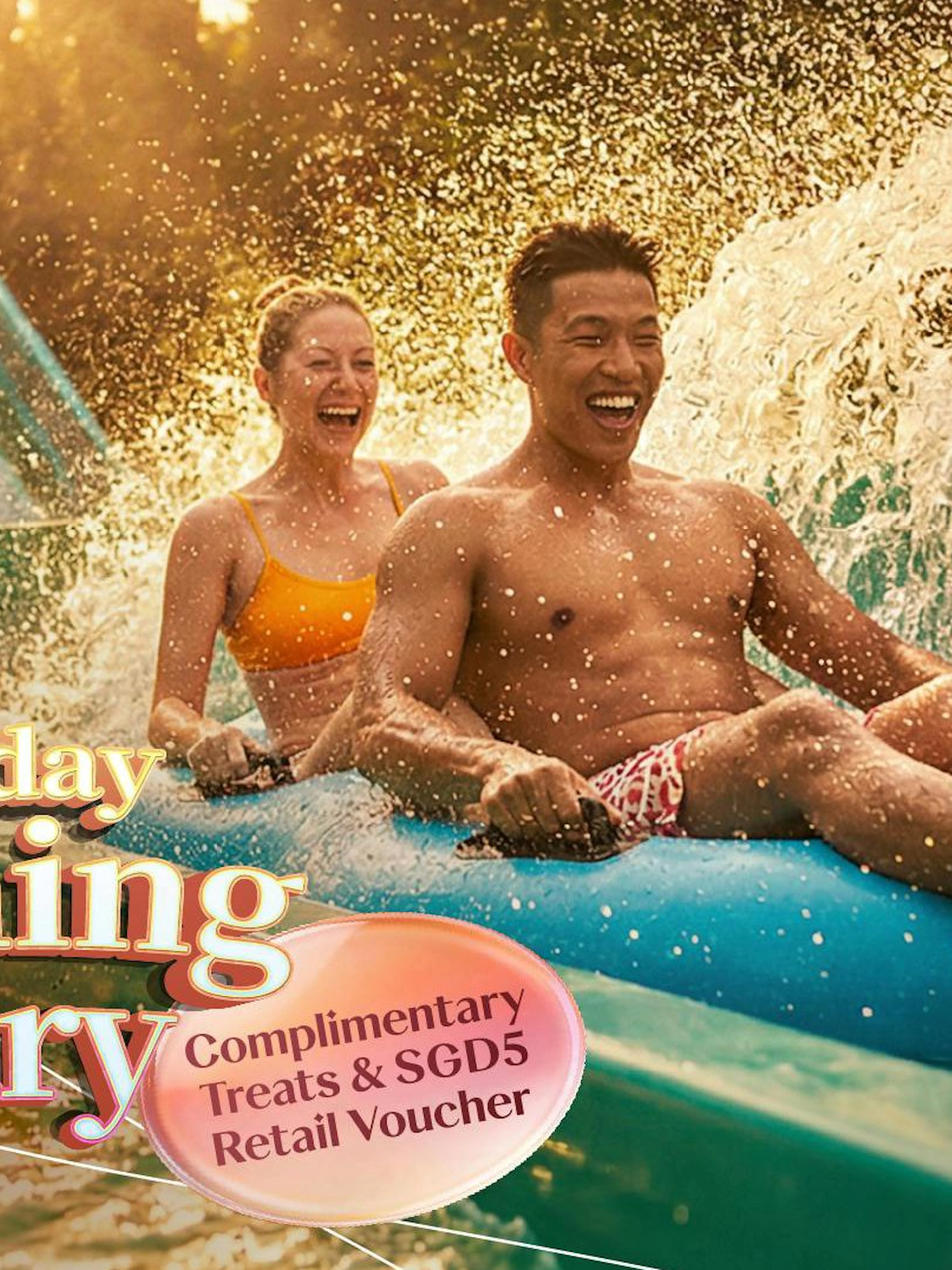 Couple enjoying water slide at Resorts World Sentosa on Saturday evening.