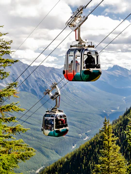 Sulphur Mountain Gondola cable cars ascending in Banff National Park, Canadian Rocky Mountains.