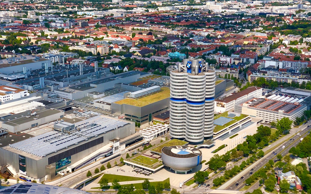 BMW headquarters and museum in Munich, view from above, part of Big Bus tour route.