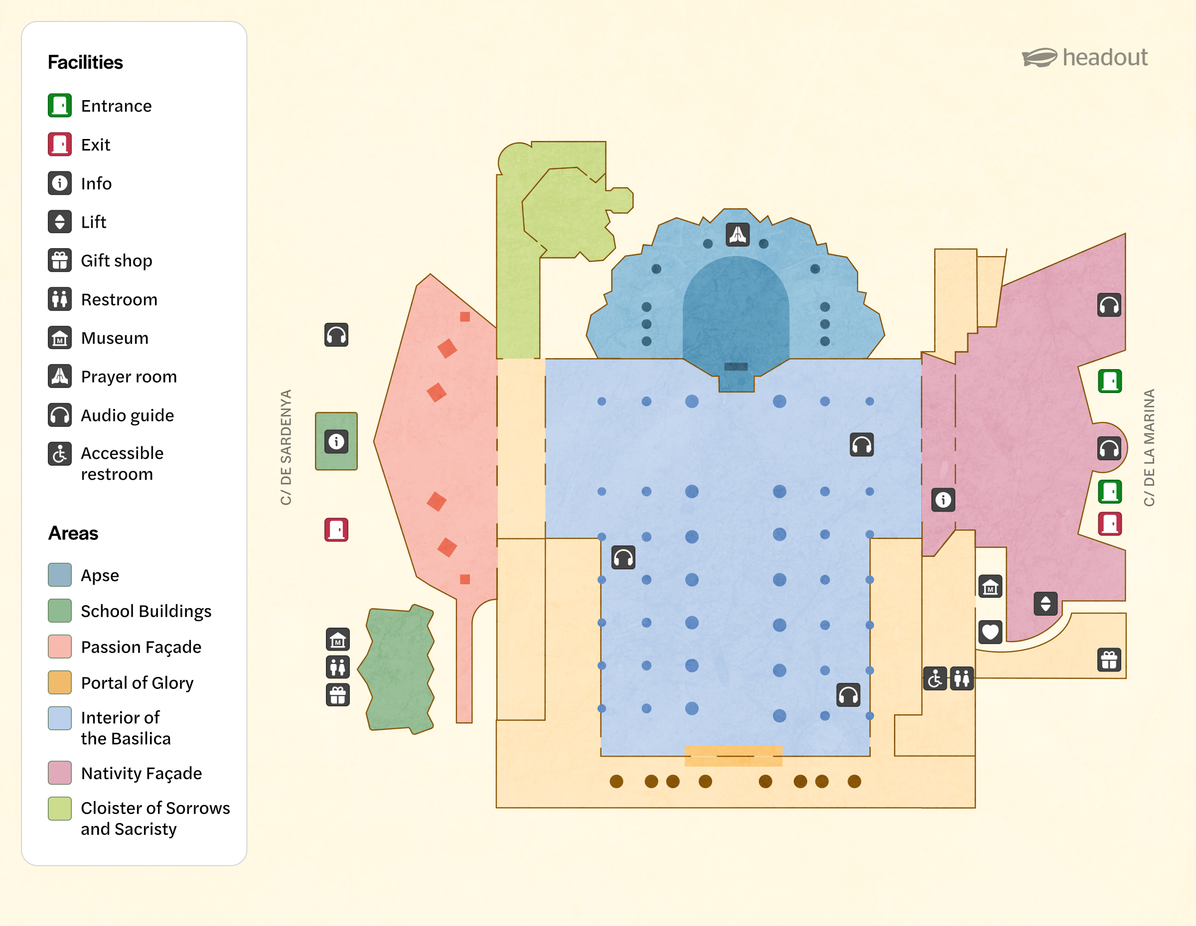 Sagrada Familia map showing entrances, exits, and key areas like the Nativity Façade and Basilica interior.