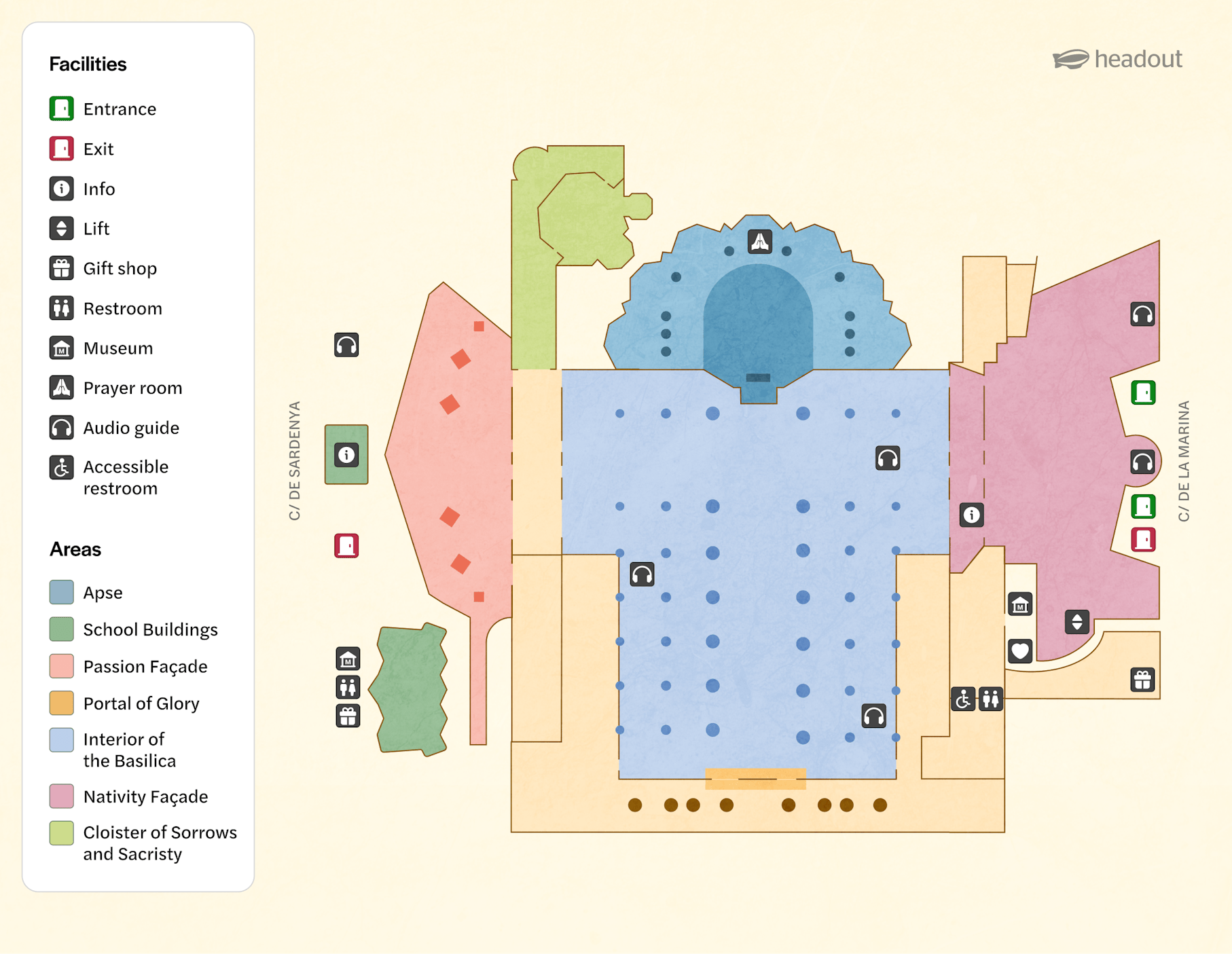 Sagrada Familia map showing entrances, exits, and key areas like the Nativity Façade and Basilica interior.