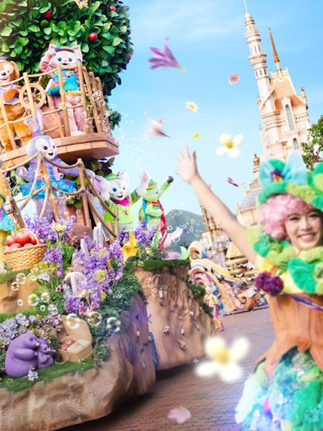 Duffy and Friends parade float at Hong Kong Disneyland with colorful costumes and decorations.