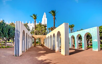 Ruins of the original church with the Cathedral of the Sacred Heart in the background, Casablanca, Morocco.