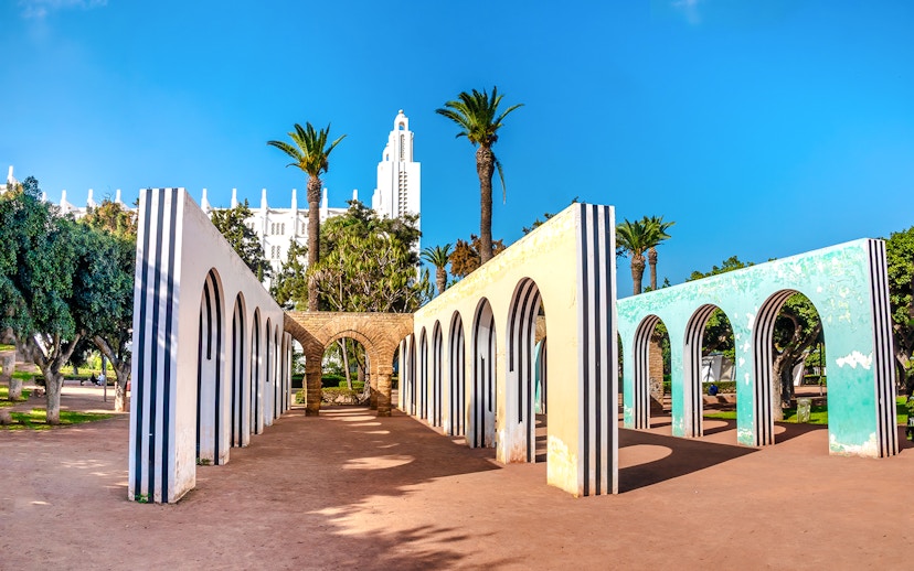 Ruins of the original church with the Cathedral of the Sacred Heart in the background, Casablanca, Morocco.