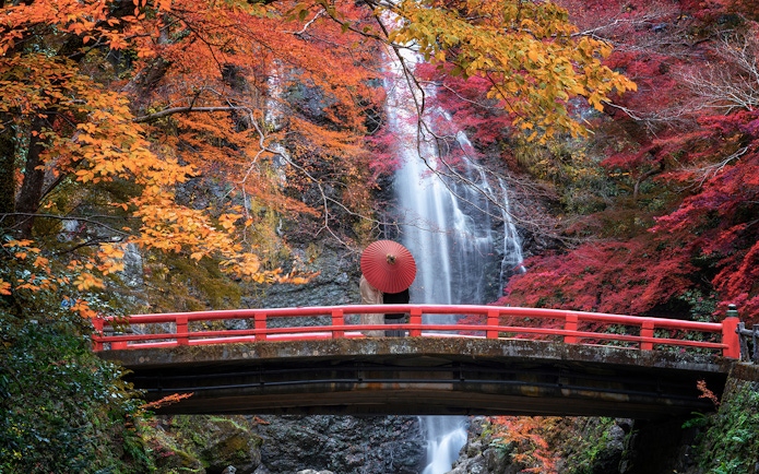 Red bridge and waterfall in autumn foliage, Kansai, Japan, JR-West Kansai Rail Pass.