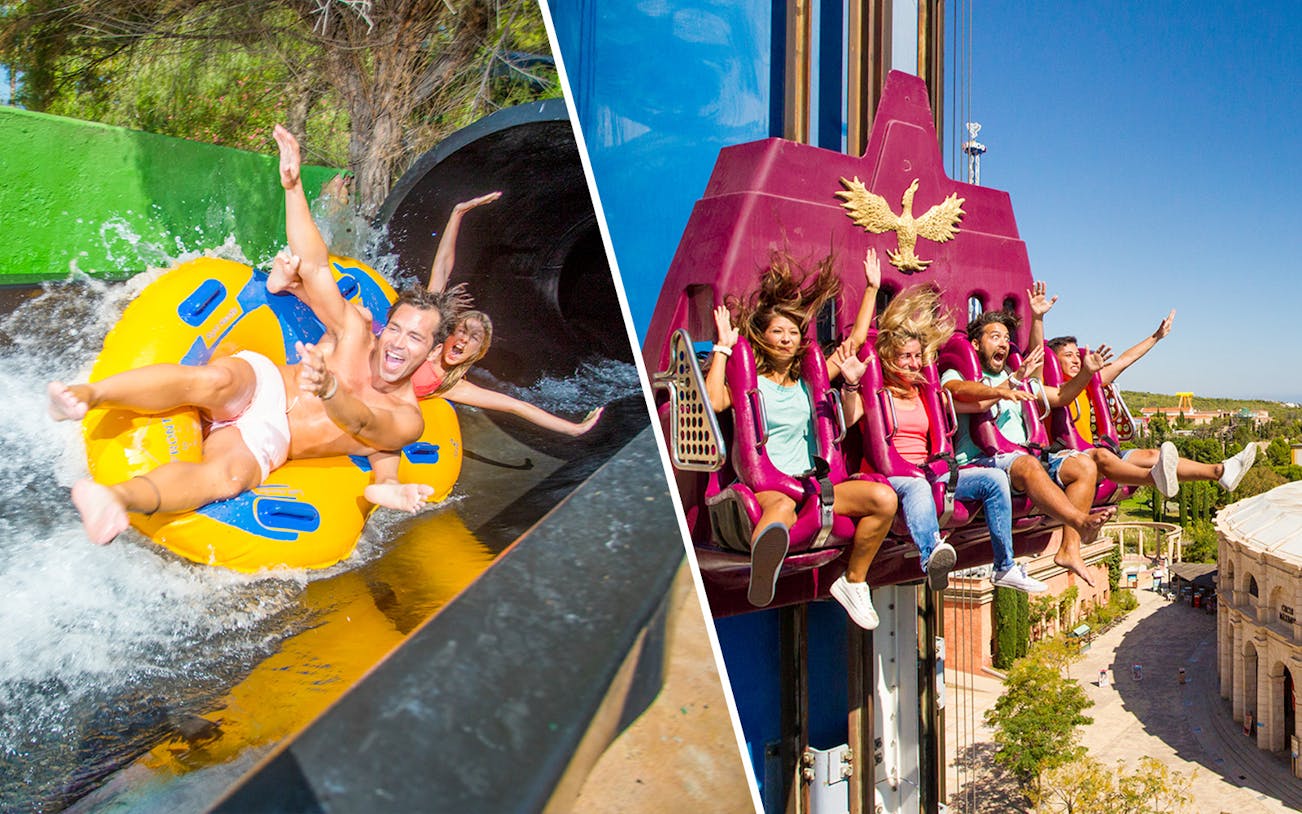 Visitors enjoying water slide at Aqualandia and thrill ride at Terra Mítica in Benidorm.