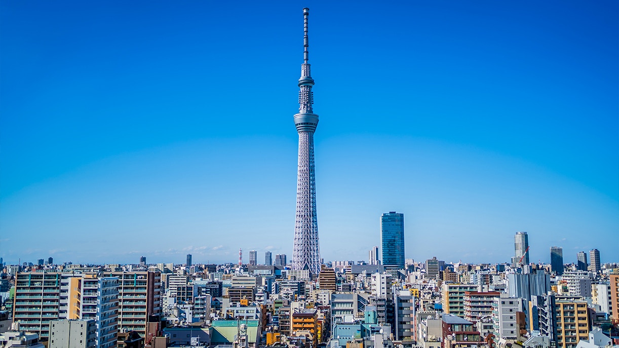 Tokyo Skytree view from private tour van with Suica IC Card in hand.