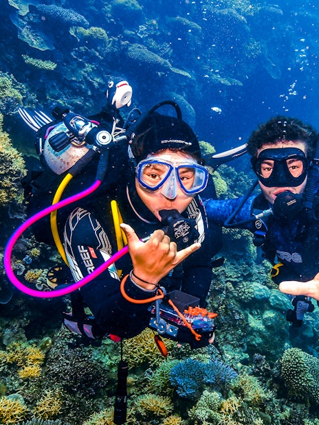 Divers exploring coral formations in the Great Barrier Reef, Australia.