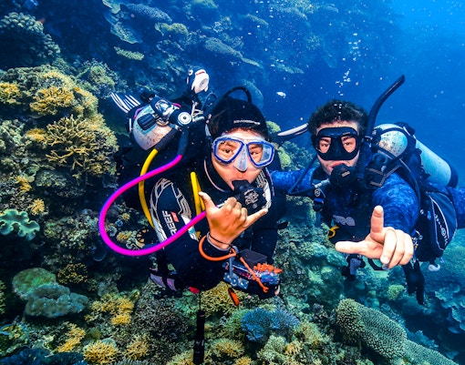 Divers exploring coral formations in the Great Barrier Reef, Australia.