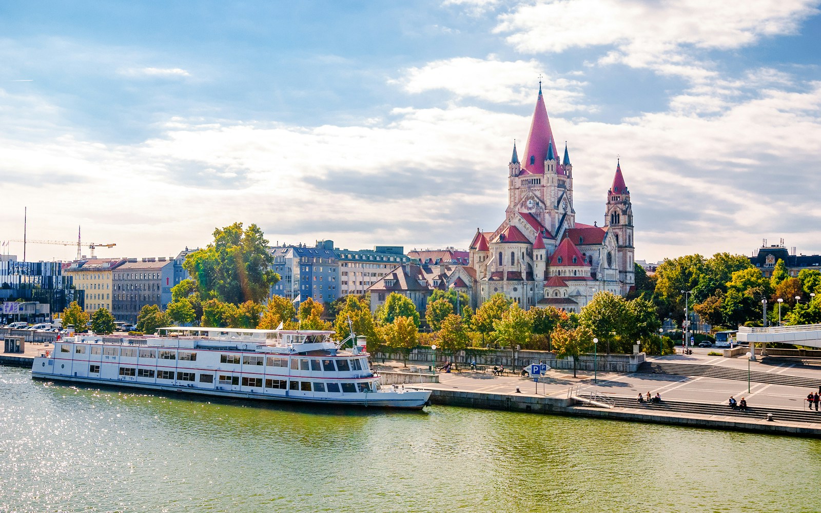 St Francis of Assisi Church viewed from Reichsbrücke bridge on Danube Canal, Vienna.