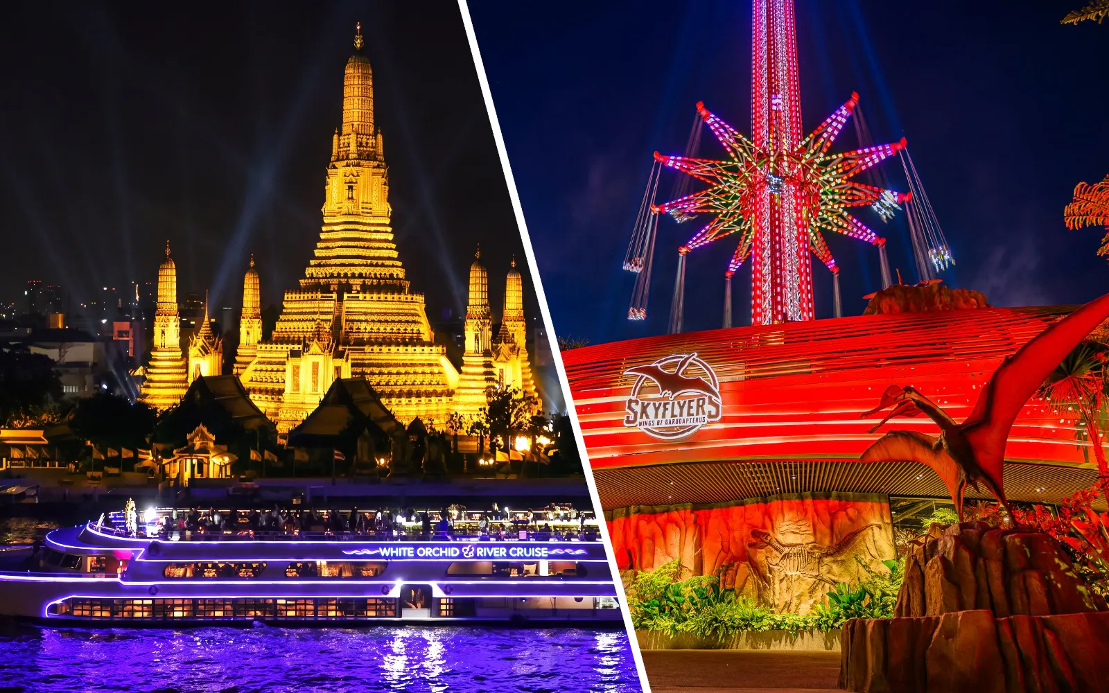 White Orchid River Cruise at night near Wat Arun and illuminated SkyFlyers ride, Asiatique Bangkok.