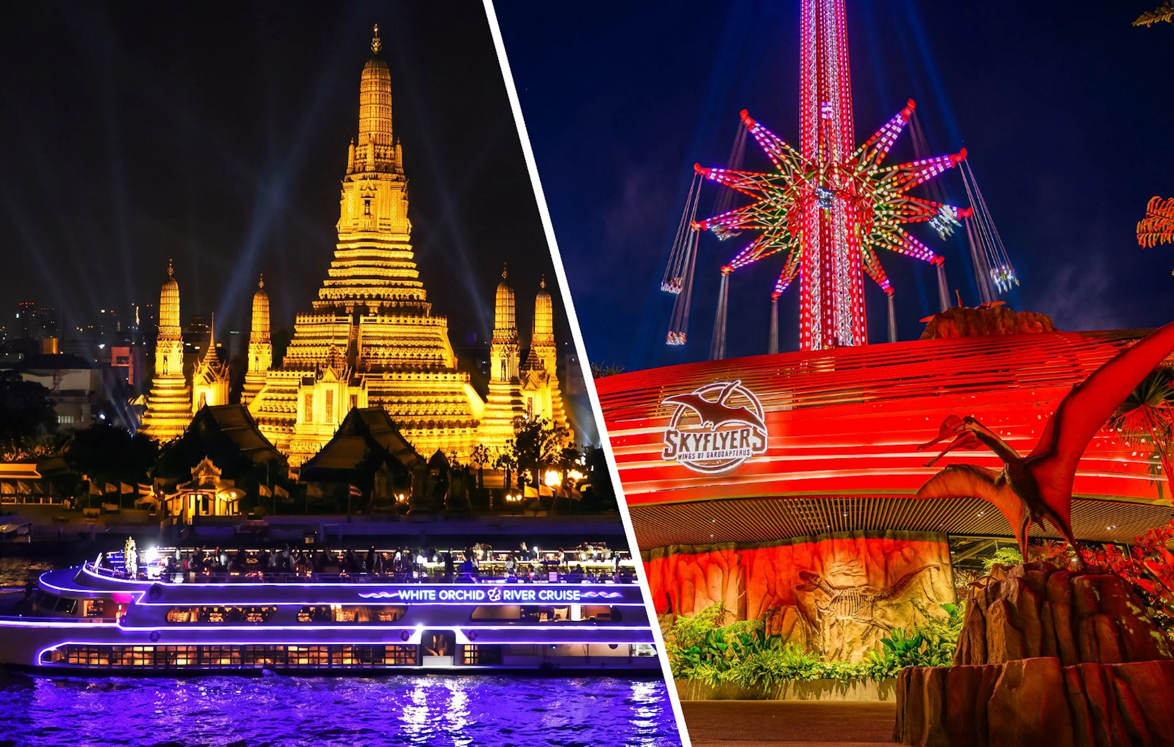 White Orchid River Cruise at night near Wat Arun and illuminated SkyFlyers ride, Asiatique Bangkok.