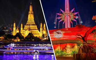 White Orchid River Cruise at night near Wat Arun and illuminated SkyFlyers ride, Asiatique Bangkok.
