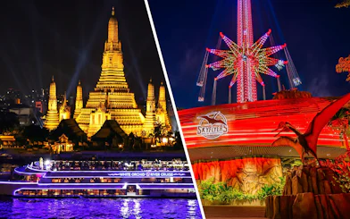 White Orchid River Cruise at night near Wat Arun and illuminated SkyFlyers ride, Asiatique Bangkok.