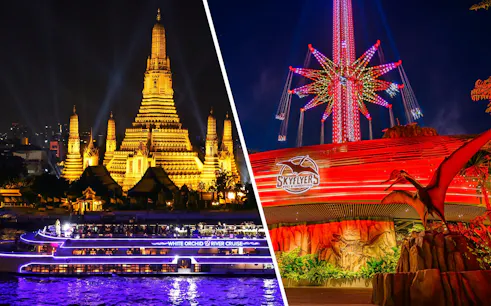 White Orchid River Cruise at night near Wat Arun and illuminated SkyFlyers ride, Asiatique Bangkok.