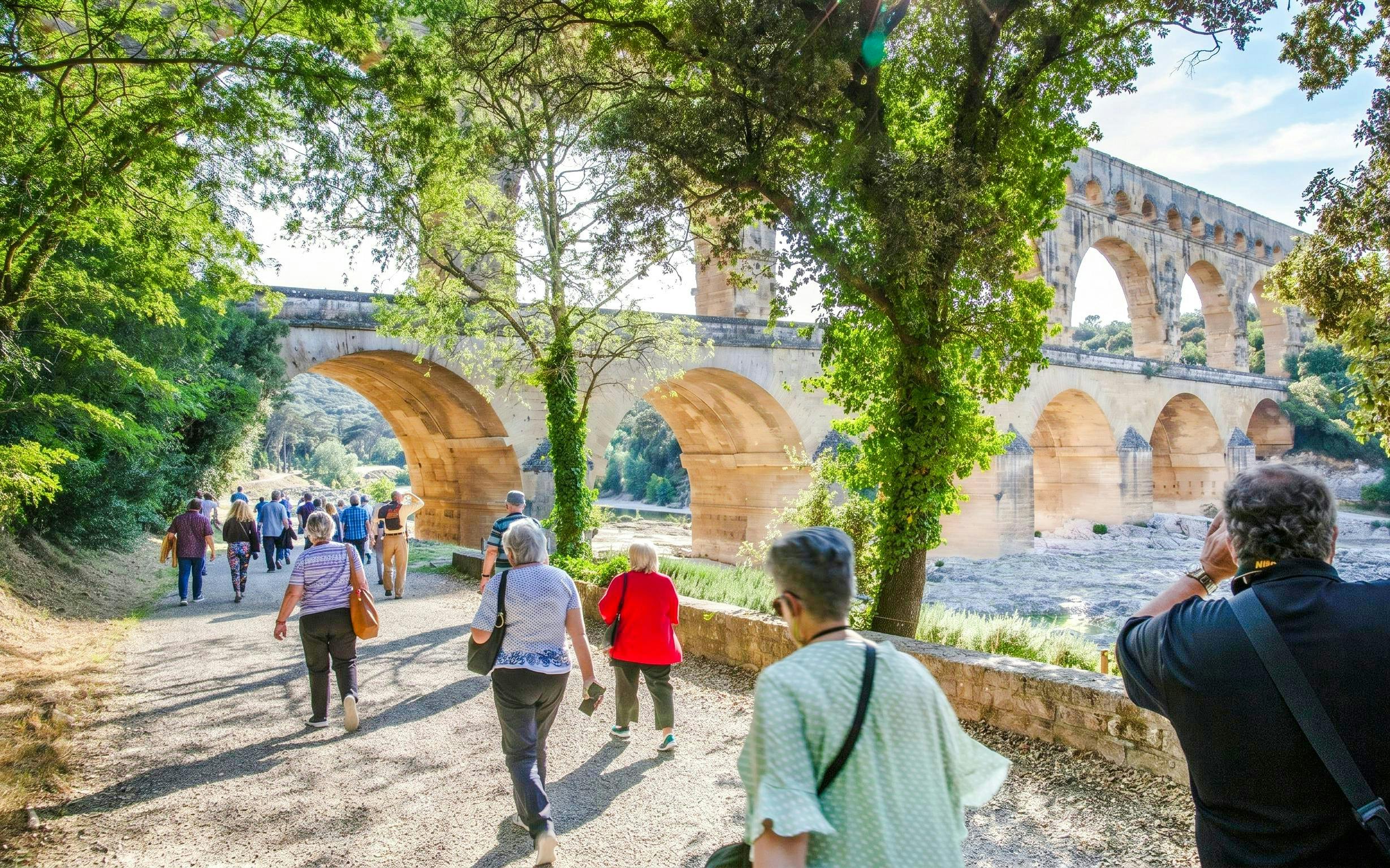 Visitors walking towards Pont du Gard aqueduct in France.