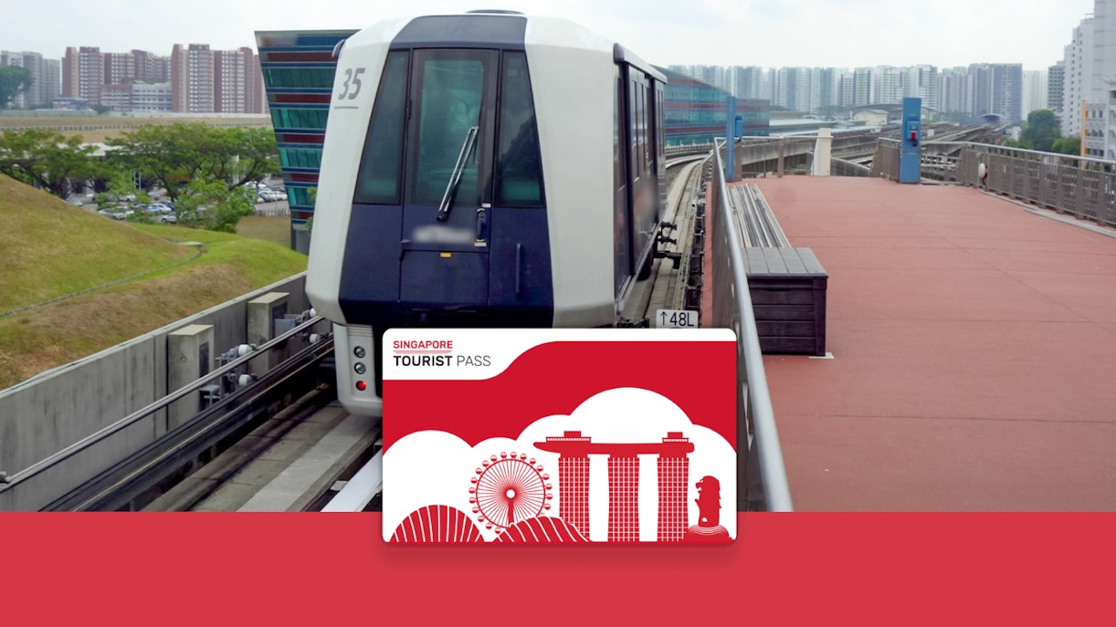 Singapore Tourist Pass with train on elevated track, offering unlimited public transport and discounts.