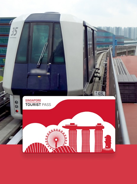 Singapore Tourist Pass with train on elevated track, offering unlimited public transport and discounts.