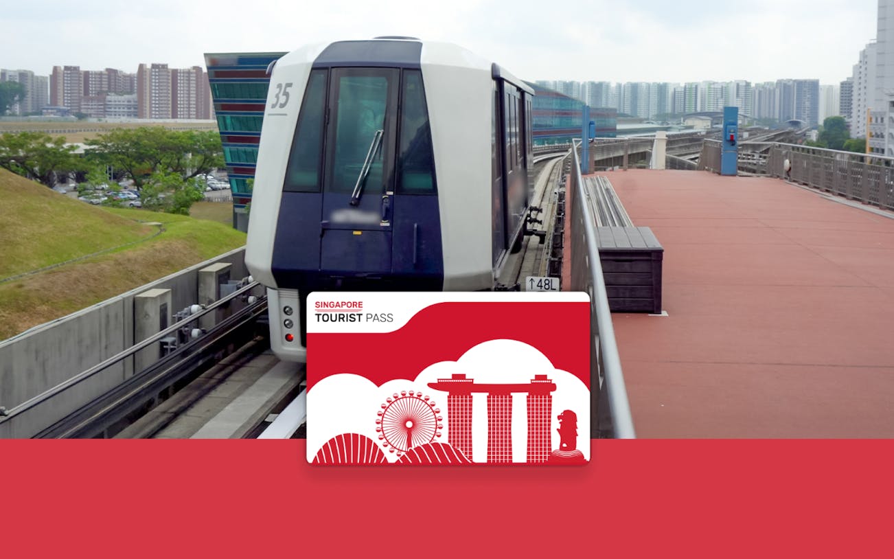 Singapore Tourist Pass with train on elevated track, offering unlimited public transport and discounts.