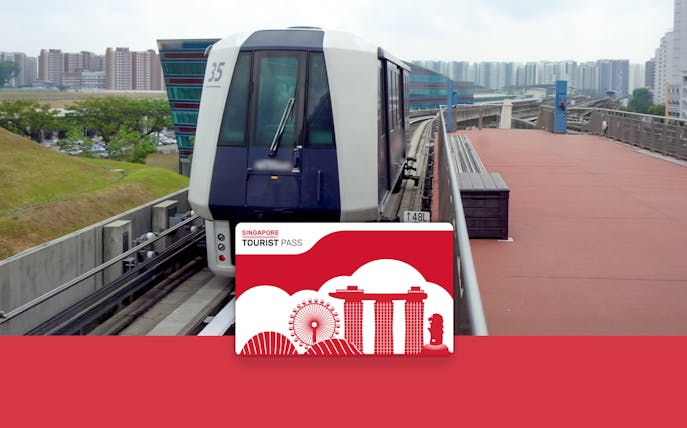 Singapore Tourist Pass with train on elevated track, offering unlimited public transport and discounts.
