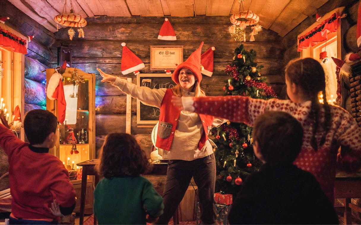 Children participating in a workshop at Elf Hat Academy in Santa's Village.