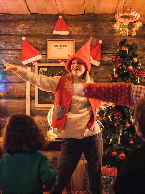 Children participating in a workshop at Elf Hat Academy in Santa's Village.