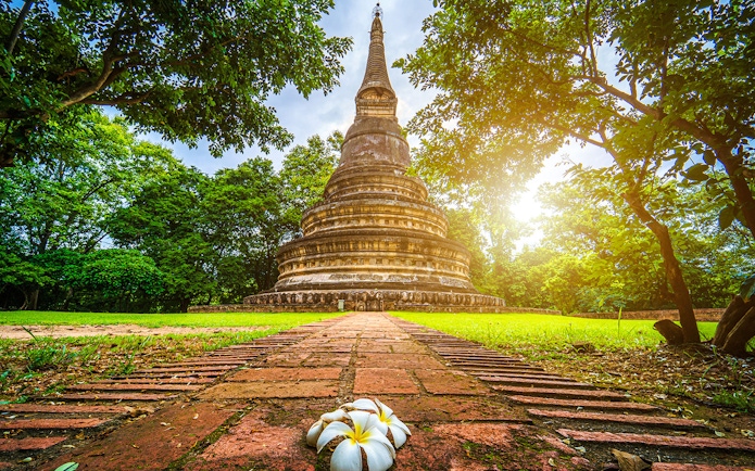 Wat Umong stupa surrounded by trees in Chiang Mai, with a brick path and flowers in the foreground.