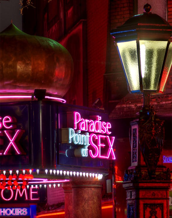 Neon signs and street lamp on Reeperbahn, St. Pauli, Hamburg.