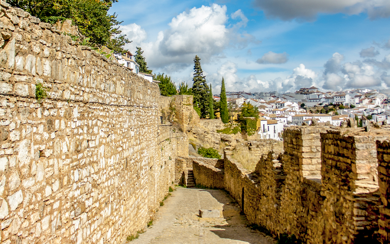 Ronda city walls and fortifications with view of white buildings and trees.
