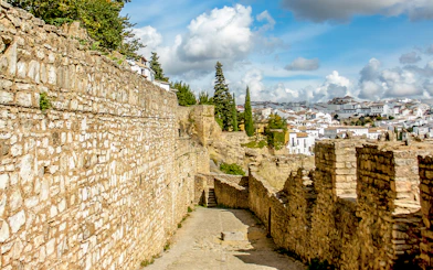 Ronda city walls and fortifications with view of white buildings and trees.