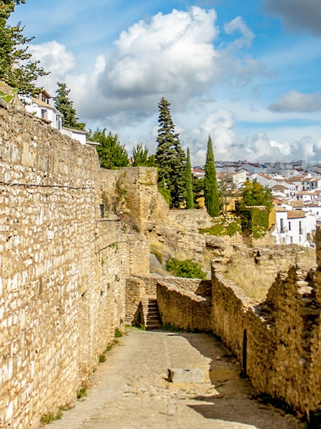 Ronda city walls and fortifications with view of white buildings and trees.