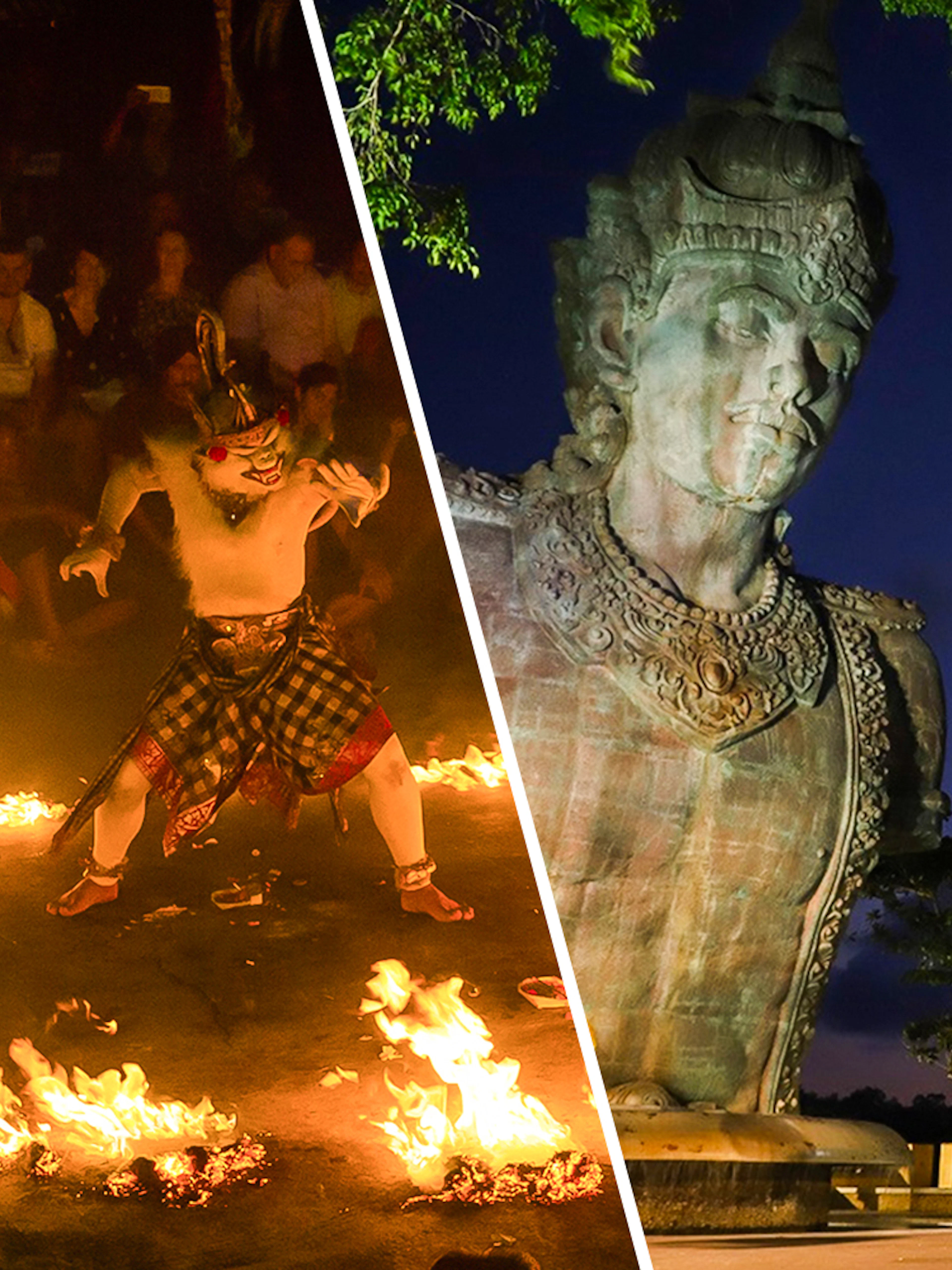 Kecak fire dance performance and Garuda Wisnu Kencana statue in Bali.