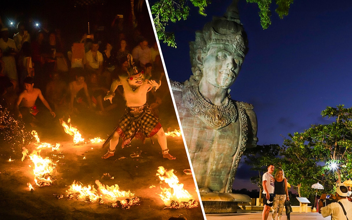 Kecak fire dance performance and Garuda Wisnu Kencana statue in Bali.
