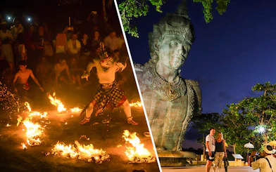 Kecak fire dance performance and Garuda Wisnu Kencana statue in Bali.