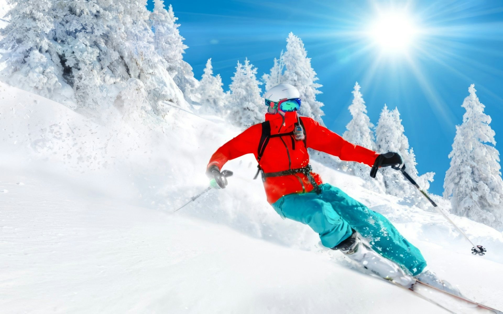 Tourist skiing downhill at Vivaldi Park Ski Resort under a clear blue sky.