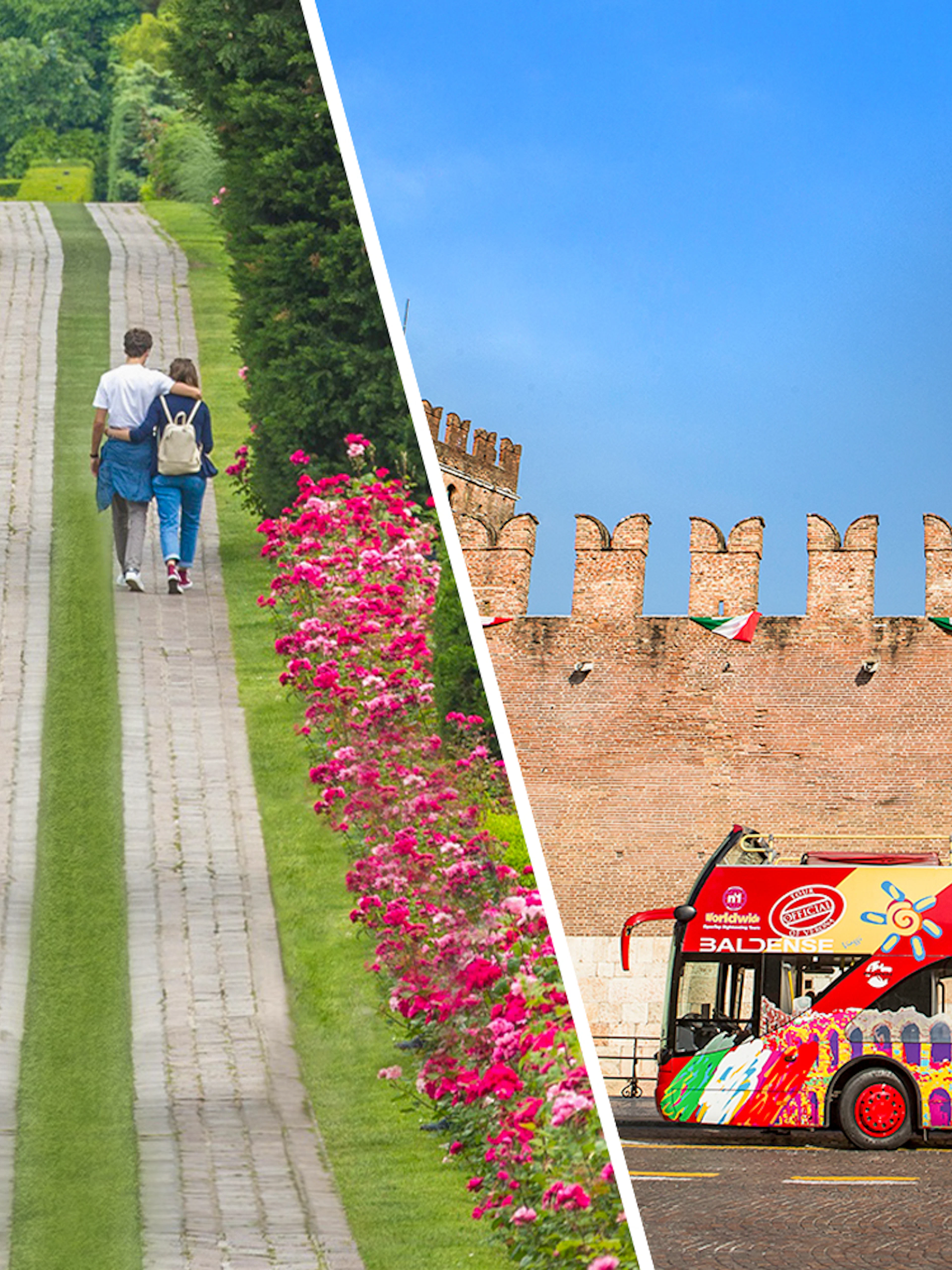 Couple walking in Parco Giardino Sigurtà and Verona sightseeing bus near historic building.