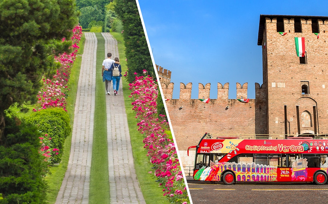 Couple walking in Parco Giardino Sigurtà and Verona sightseeing bus near historic building.