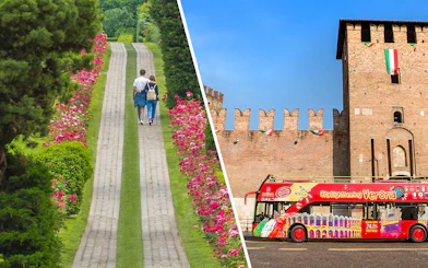 Couple walking in Parco Giardino Sigurtà and Verona sightseeing bus near historic building.