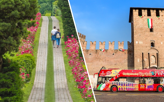 Couple walking in Parco Giardino Sigurtà and Verona sightseeing bus near historic building.