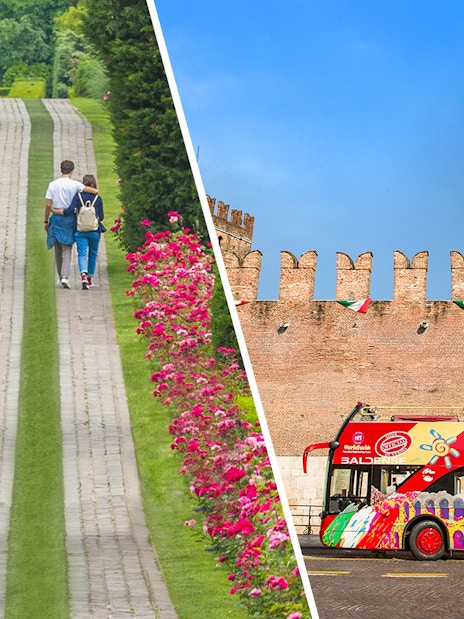 Couple walking in Parco Giardino Sigurtà and Verona sightseeing bus near historic building.