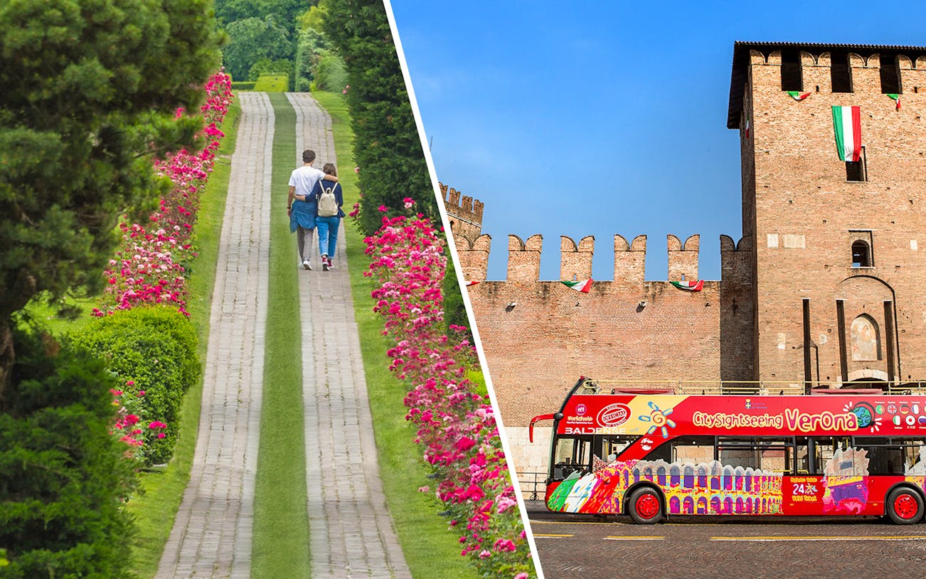 Couple walking in Parco Giardino Sigurtà and Verona sightseeing bus near historic building.