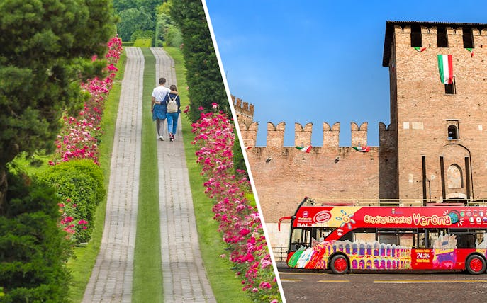 Couple walking in Parco Giardino Sigurtà and Verona sightseeing bus near historic building.