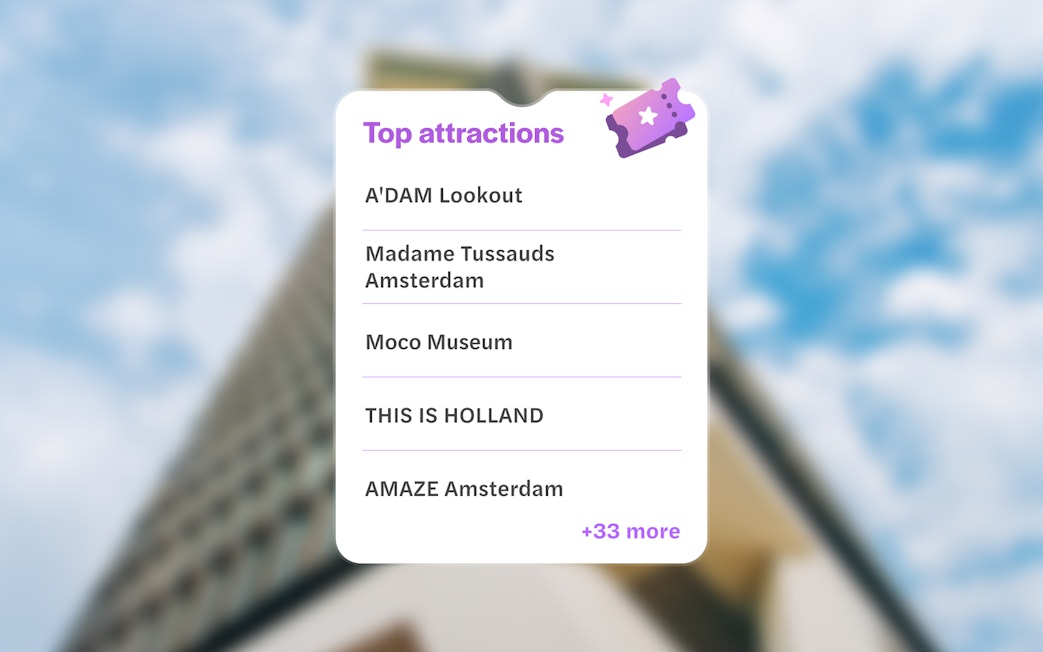 Top attractions on Go City Amsterdam Explorer Pass include A'DAM Lookout, Madame Tussauds, and Moco Museum.