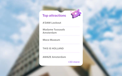 Top attractions on Go City Amsterdam Explorer Pass include A'DAM Lookout, Madame Tussauds, and Moco Museum.