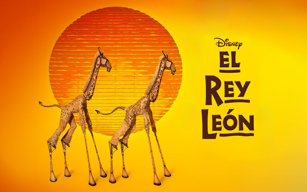 Giraffe puppets from The Lion King musical in front of a stylized sun.