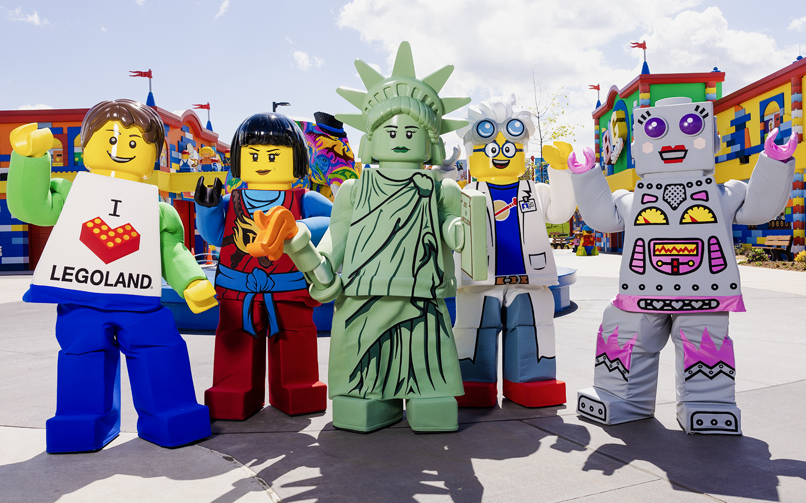 Lego characters at Legoland New York, including Statue of Liberty and robot.