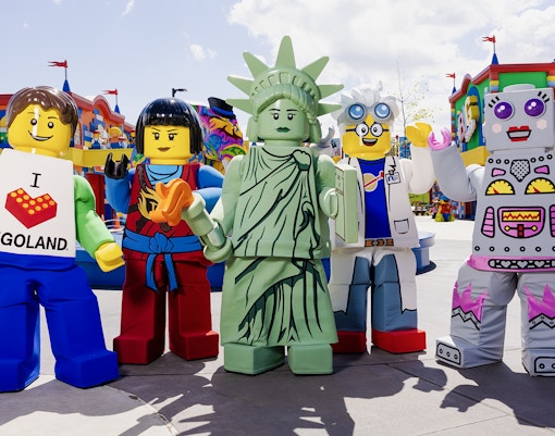 Lego characters at Legoland New York, including Statue of Liberty and robot.