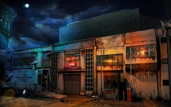 Abandoned broadcast studio at night, part of Singapore's Most Haunted attraction at Universal Studios.